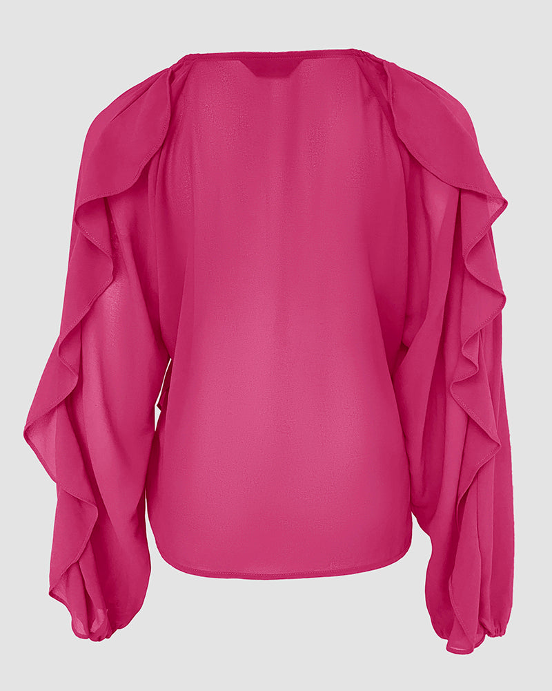V Neck Shoulder Ruffles Design Blouse Casual Button Front Long Sleeve Top